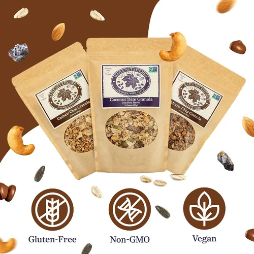 Vista 3 de Maple Nut Kitchen Paquete variado artesanal de granola Bites - Chai de anacardo, chips de moca y dátiles de coco 10 onzas cada uno Sin gluten