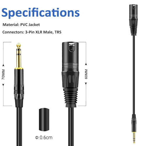 Vista 3 de Cable de micrófono estéreo TRS macho a XLR macho de 3 pies y 0.250 in y 1/4 de pulgada chapado en oro, cable equilibrado de 1/4 pulgadas macho a XLR