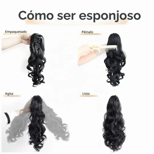 Vista 4 de Extensión de cola de caballo de garra negra natural ondulada de 16 pulgadas, extensiones de cabello sintético rizado con clip, extensiones