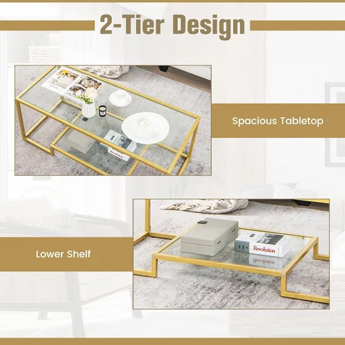 Vista 7 de COSTWAY Mesa auxiliar de cristal de 45 pulgadas, mesa decorativa rectangular de 2 niveles con estante de almacenamiento y marco de metal dorado