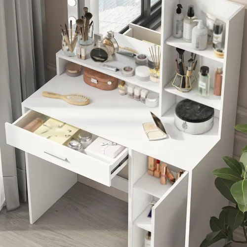 Vista 3 de Vanity Desk with Mirror & Light, Large Drawer Three Level Storage Dresser, 3 Lighting Modes Adjustable Brightness, Bedroom Dressing Table(White)