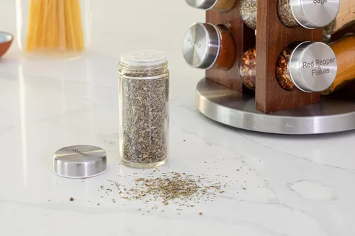 Vista 5 de Orii Repisa para 20 tarros de madera de acacia oscura con especias incluidas - Organizador giratorio en torre para especias y condimentos de cocina