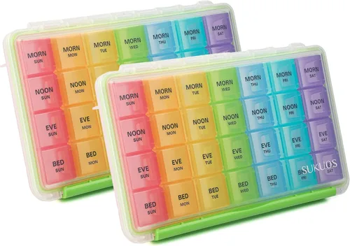 Vista 10 de Sukuos - Organizador semanal de pastillas de 7 días y 4 veces al día, caja de pastillas diaria grande resistente a la humedad para vitaminas, aceite