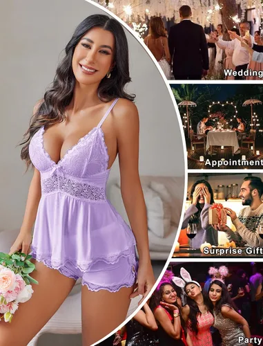 Vista 4 de Avidlove Conjunto de camisola de encaje para mujer, ropa de noche, ropa de noche, conjunto de pijama sexy