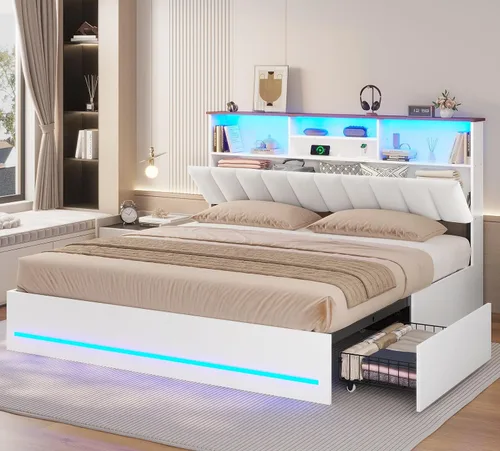 Vista 12 de AOGLLATI - Bastidor de cama tamaño completo con elegante cabecero tipo estantería y estación de carga y luces LED, bastidor de cama tamaño completo