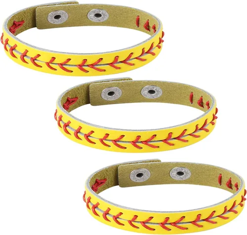 Vista 7 de HZMAN 3 pulseras de béisbol de cuero genuino de los atletas, color blanco, negro y amarillo