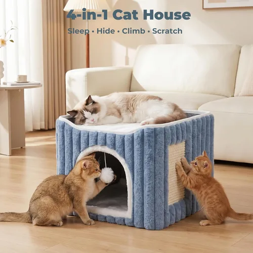 Vista 2 de Avont Cama tipo cueva 3 en 1 para gatos de interior con almohadilla para Azul