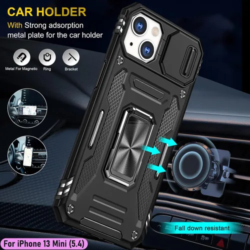 Vista 8 de Funda resistente para Apple iPhone 13 Mini, protección híbrida de goma de doble capa de grado militar con protector de cámara deslizante, soporte