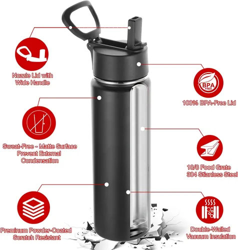 Vista 5 de Volhoply Botellas de agua aisladas con popote a granel, paquete de 4, botella deportiva de acero inoxidable de 22 onzas con tapa con asa, tazas