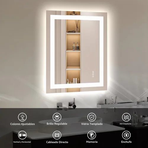 Vista 3 de Hivone - Espejo de baño LED de 24x30 pulgadas con luces, función antivaho, regulable, retroiluminado + iluminación frontal, espejo de tocador