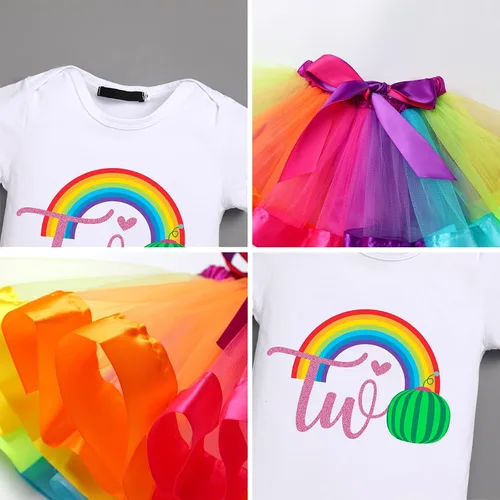 Vista 3 de IBAKOM Conjunto de ropa de 3 piezas para bebé niña de manga corta + tutú de tul de princesa arcoíris + diadema con lazo, 3 piezas