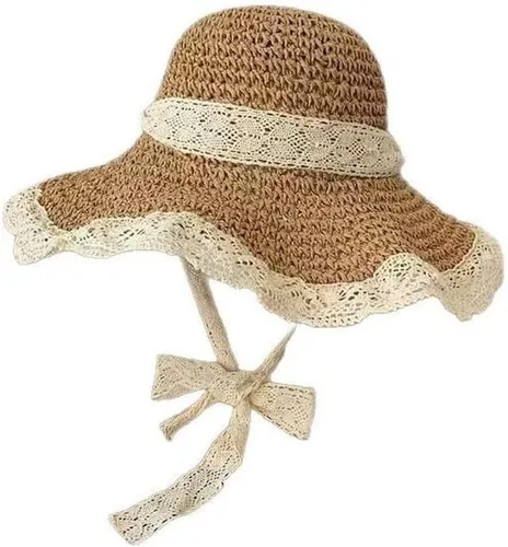 Vista 6 de Women's Wide Brim Lace Straw Hat with UPF50 Sun Protection for Beach Beige