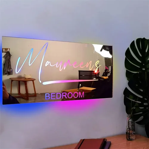 Vista 16 de Espejo de barra de nombre LED personalizado, letreros de neón iluminados para decoración de pared para bar en casa, día de San Valentín y regalos