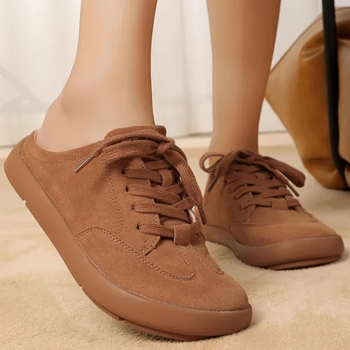 Vista 3 de UBFEN Pantuflas de piel de ante con soporte de arco para mujer, cómodas, para interiores y exteriores, con cordones