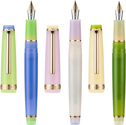 Vista 13 de 3 Jinhao 82 Pluma estilográfica acrílica transparente de color clásico mixto con punta media y borde dorado, con juego de conversor Mezcla clásica
