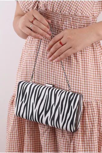 Vista 5 de Bolsos de noche para mujer, con patrón de cebra negro y blanco, bolso cruzado con correa de cadena para fiesta