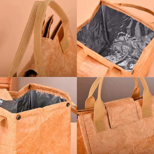 Vista 4 de Lonchera reutilizable para mujeres y hombres, fácil de limpiar, aislada, resistente al agua, forro térmico y telas duraderas, diseño simple, marrón