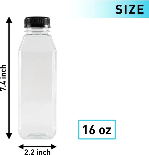 Vista 6 de 6 botellas de plástico de 16 onzas con tapas, reutilizables, transparentes, a granel, con tapas negras resistentes a manipulaciones, para jugos