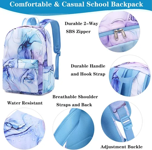 Vista 6 de Dafelile Mochilas escolares para niños y niñas, mochila para escuela primaria, mochilas para niños y niñas, resistentes al agua, azul Marble