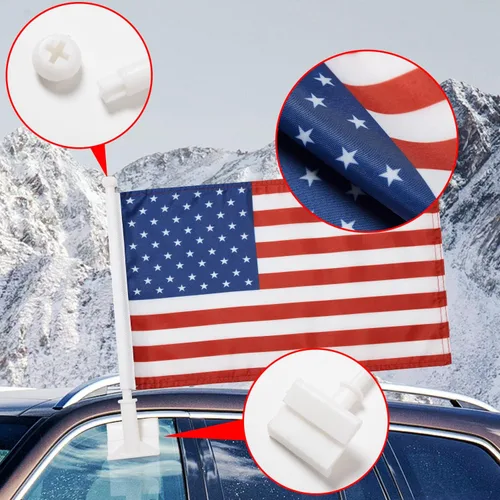 Vista 3 de Paquete de 2 banderas de automóvil, bandera de Estados Unidos para exteriores con bandera estadounidense y mástil, el clip para ventana con logotipo