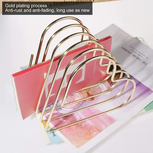 Vista 3 de Estink Estante de almacenamiento para libros de escritorio, 5 ranuras en forma de corazón, estante telescópico para archivos, organizador de Dorado