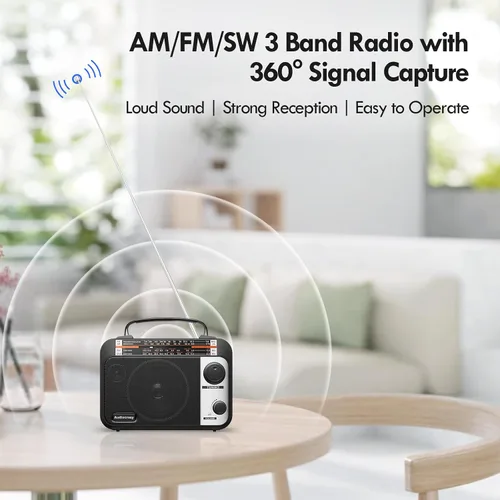 Vista 2 de Radio Transceptor de Bandas Múltiples AM/FM/SW1-2 con Funcionamiento por CA o Batería con la Mejor Recepción, Altavoz Grande y Botón de Negro