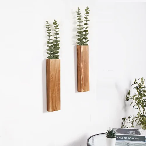 Vista 3 de Paquete de 2 macetas de pared de madera con 4 tallos de eucalipto sintético extraíbles, decoración moderna de pared de granja para sala de estar