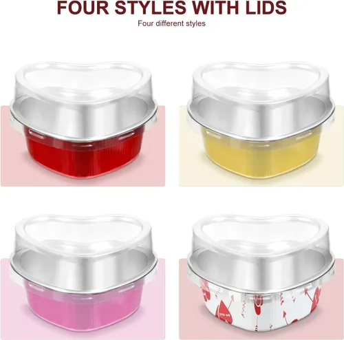Vista 5 de Cunhill 60 juegos de moldes para pasteles en forma de corazón con tapas, 3.4 onzas líquidas, papel de aluminio, mini moldes desechables para blanco