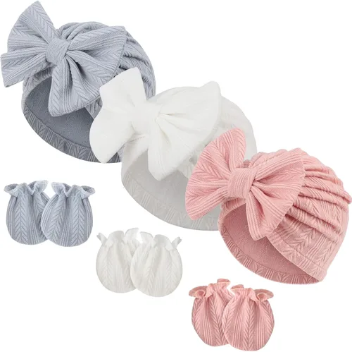 Vista 14 de BQUBO Gorros para Niñas Recién Nacidas Conjunto de Gorro y Manoplas para Bebé Gorros para Infantes con Moño Gorro de Hospital con Manoplas