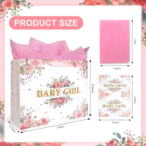 Vista 2 de Bolsa de regalo floral rosa grande de 13 pulgadas para bebé, incluye papel de regalo, papel de seda rosa y tarjeta para regalos de recién nacidos