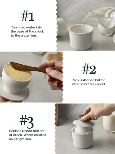 Vista 3 de DOWAN Mantequillera francesa para encimera, plato de mantequilla de cerámica con línea de agua, recipiente de mantequilla de porcelana