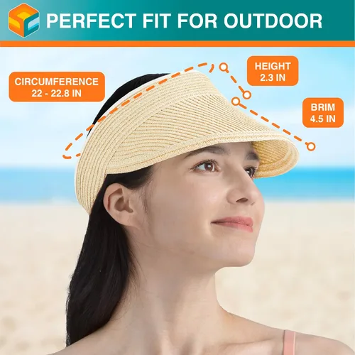 Vista 5 de SUN CUBE Sombrero de visera para mujer, sombrero de playa de ala ancha, paja con protección UV, gorra plegable plegable, visera de verano para cola