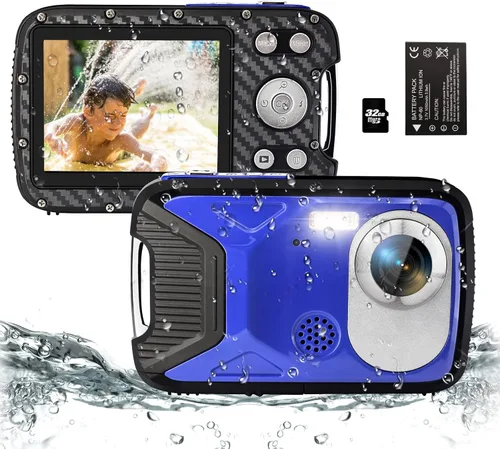 Vista 8 de Cámara subacuática 4K 48MP Autofocus Selfie Cámara impermeable de doble pantalla con correa flotante y tarjeta de 32 GB, cámara digital compacta
