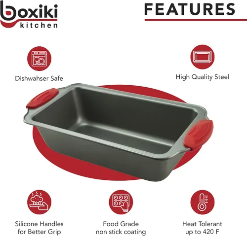 Vista 3 de Boxiki Kitchen Juego de hornear premium: molde de pan de silicona de 9 x 5 pulgadas y sartén de pan de plátano de acero antiadherente de 8.5