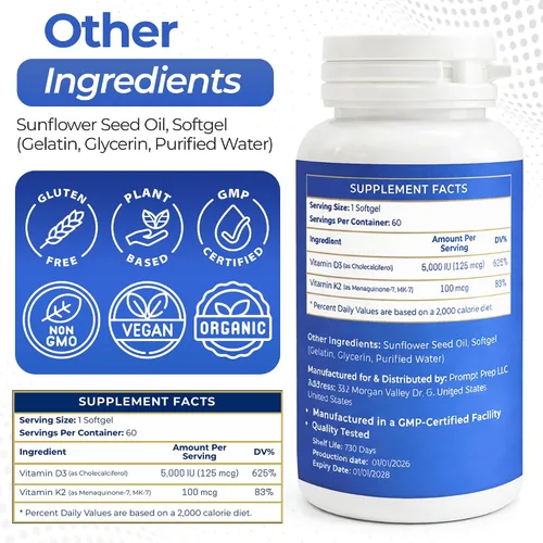 Vista 7 de Cápsulas blandas de vitamina D3 K2, 5000 UI D3 con K2 MK-7, suplemento de apoyo óseo y cardíaco – Fórmula a base de aceite de alta absorción, sin OMG