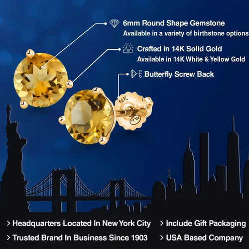 Vista 130 de Gem Stone King Aretes de Martini de oro amarillo de 14 quilates Aretes de tuerca de 3 puntas para mujeres y hombres Redondos de 0.236 pulgadas