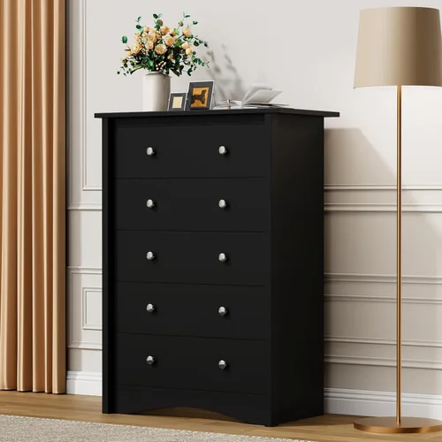 Vista 7 de Flamaker Cómoda alta para dormitorio, cómoda de madera con 5 cajones, color Negro
