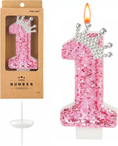 Vista 23 de PHD CAKE Velas con números de cumpleaños, velas de cumpleaños de corona rosa para pastel, velas con purpurina número 0 con lentejuelas para niñas