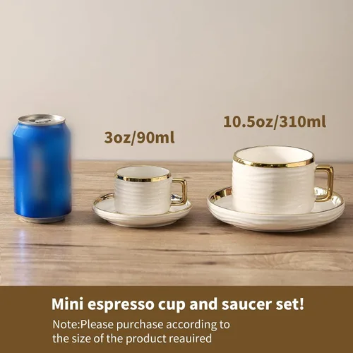 Vista 3 de LETAOTAO Juego de 4 tazas y platillos de expreso, tazas de café apilables de cerámica de 3 onzas con borde dorado, mini tazas Demitasse, juego