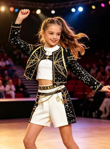 Vista 4 de Vestido con detalle de cadena brillante para niñas, traje de rendimiento inspirado en la moda K-pop para niñas