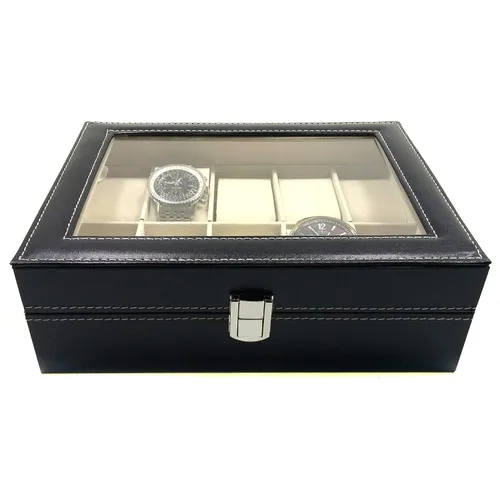 Vista 3 de Organizador de almacenamiento de joyería de la caja de exhibición del reloj de la rejilla de cuero de la PU 10, negro - SciencePurchase