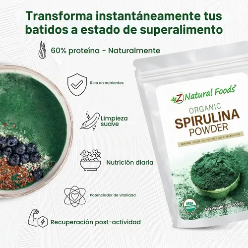 Vista 3 de Z Natural Foods Polvo de espirulina orgánica – Espirulina 100% pura, superalimento de algas azul-verdes densas en nutrientes con aminoácidos, 15