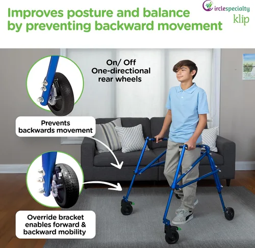Vista 3 de Klip - Caminador con ruedas posteriores, ligero, 4 ruedas, andador posterior ligero para niños pequeños, niños, adolescentes con necesidades Azul