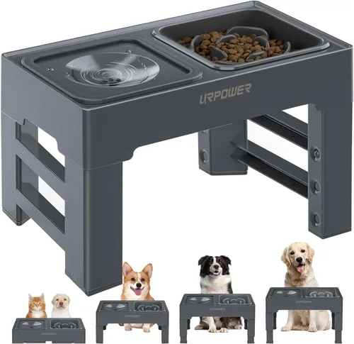 Vista 8 de URPOWER Cuencos Elevados 2 en 1 para Perros, 4 Cuencos Elevados para Perros de Altura Ajustable con Cuenco de Agua Sin Derrames y Cuenco de Comida