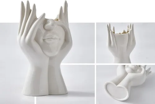 Vista 9 de FJS Jarrones de Cerámica con Cara, Jarrones de Flores Blancos para Decoración, 3.5" An x 7" Al Jarrón Decorativo Moderno como Centro de Mesa