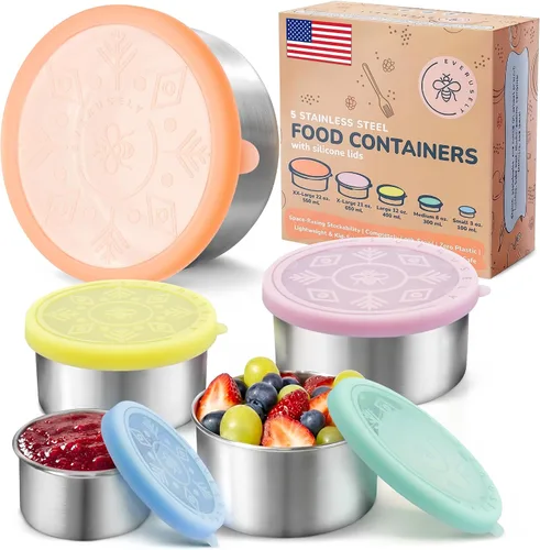 Vista 9 de Recipientes de alimentos de acero inoxidable, cajas de almuerzo de metal, juego de 5, brillantes Everusely lunch containers feature colorful lids