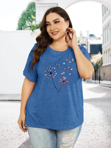 Vista 2 de Camiseta de verano para mujer, talla grande, con diente de león, manga corta, cuello redondo, holgada, casual