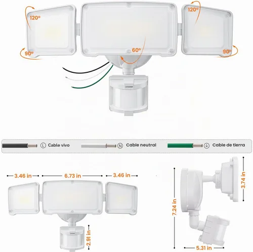 Vista 9 de LEPOWER Luces LED de seguridad con sensor de movimiento al aire libre, 38W 4200 lm, 5500K, resistencia al agua IP65, 3 cabezales detectados, luz
