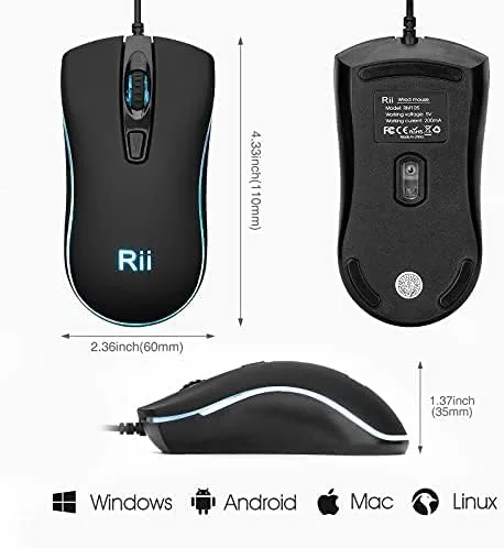 Vista 3 de Rii Ratón con cable, mouse USB RM105, mouse de oficina óptico LED azul de 1600 DPI para PC, computadora, laptop, escritorio, Windows (RM105 1 unidad)