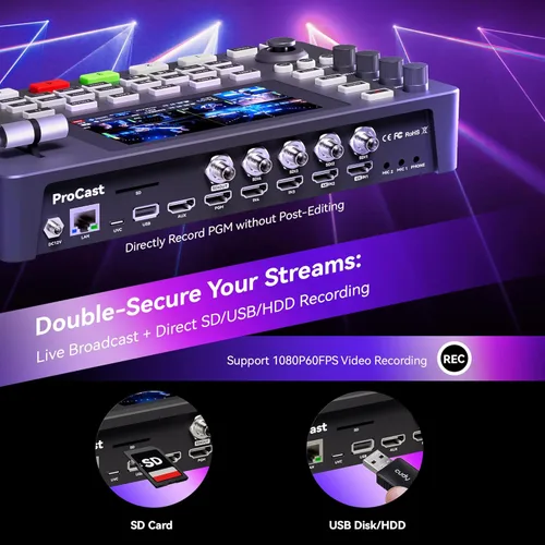 Vista 4 de Tenveo Conmutador Mezclador de Video HDMI 4K60FPS, 4*SDI & 4*HDMI Entrada, Conmutador de Transmisión en Vivo de 5 Canales, Pantalla FHD de 5.5